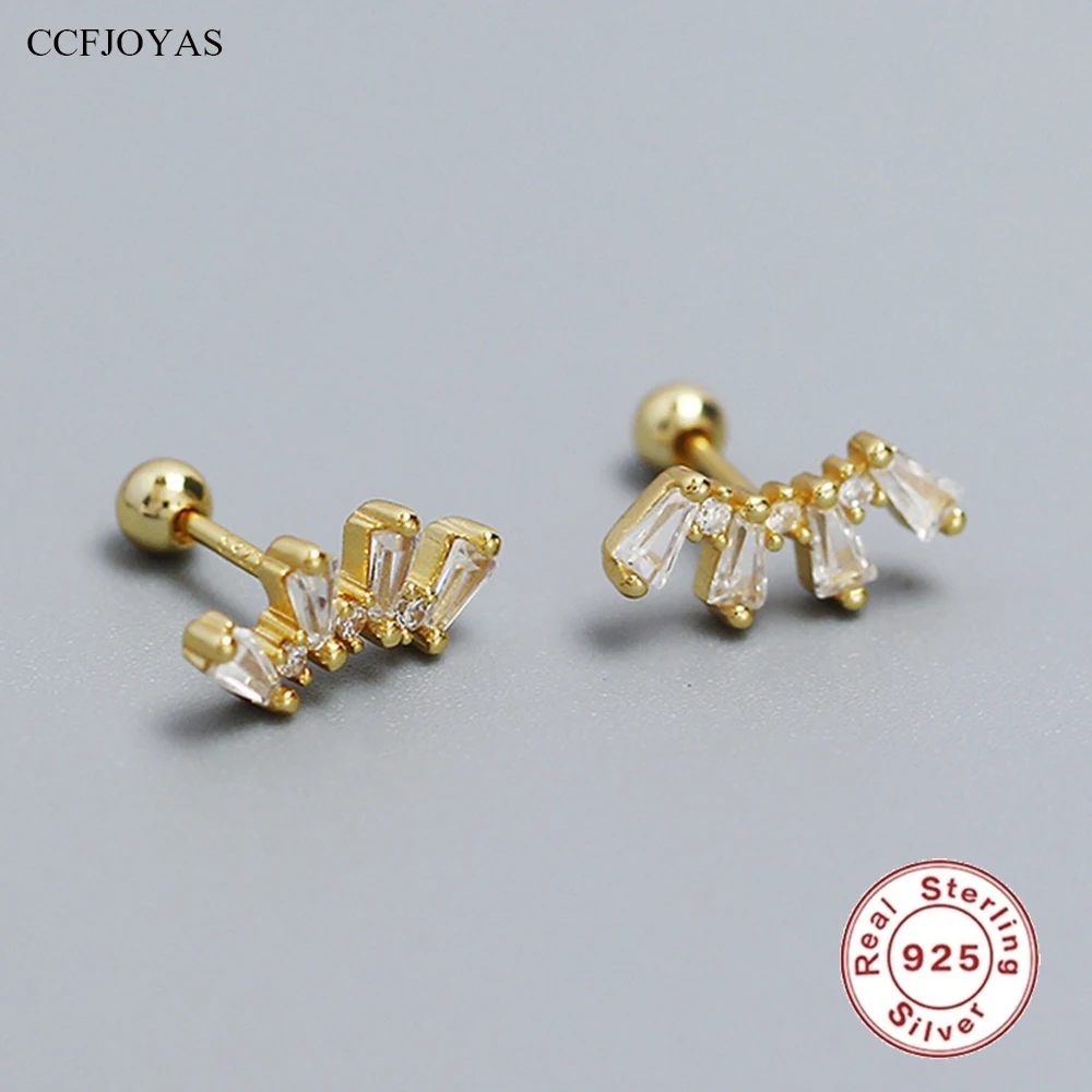 

CCFJOYAS 925 Sterling Silver INS Fan-shaped Geometric Zircon Stud Earrings for Girl Cute Mini Piercing Studs Fine Jewelry Gift