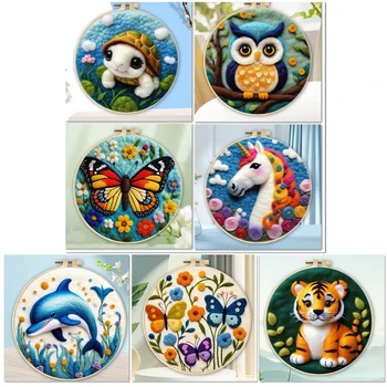 GATYZTORY 창의적인 DIY 양모 펠트 페인팅, 자수 동물 프레임, 수제 바늘 양모 페인팅 그림, 홈 데코 