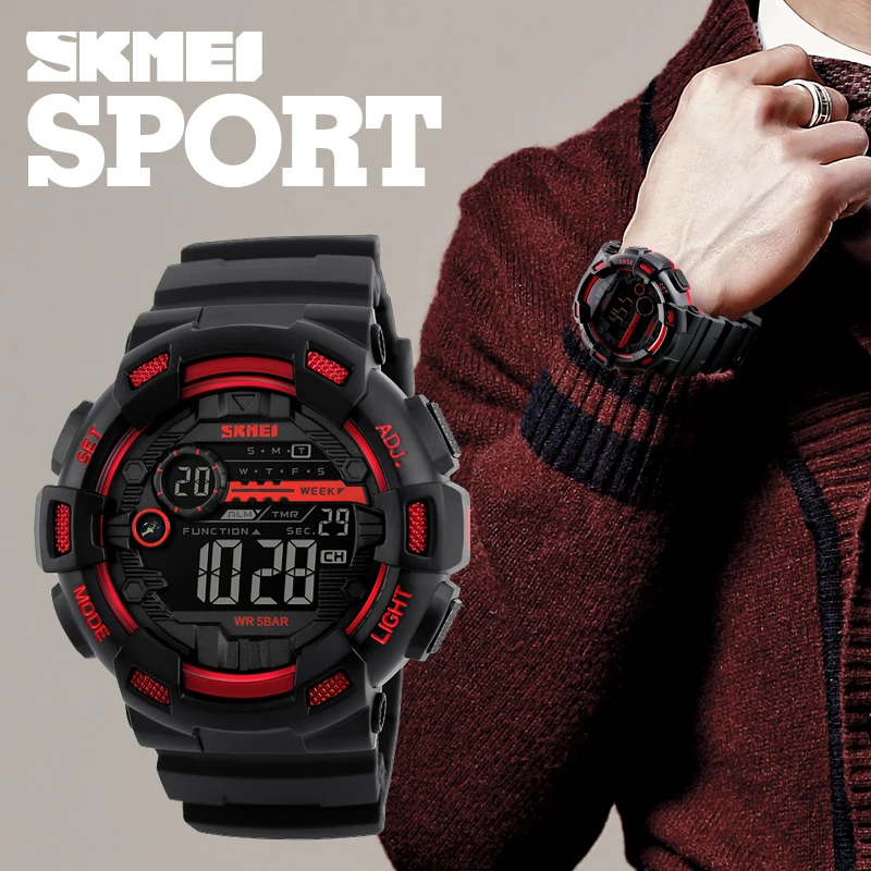 SKMEI Multifunction Outdoor Sport Watch Mens 5Bar Waterproof PU Strap LED Display Watches Chrono Digital Watch reloj hombre