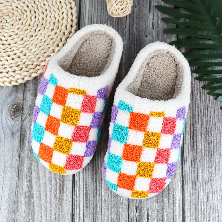 Checkered Slippers Home Women Plush Footwear Newest Designer Winter Warm Slides Casual Indoor House Fulffy Fur Slides Shoes