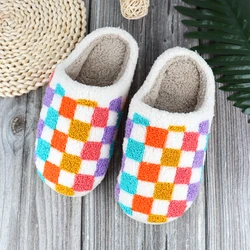 Checkered Slippers Home Women Plush Footwear Newest Designer Winter Warm Slides Casual Indoor House Fulffy Fur Slides Shoes