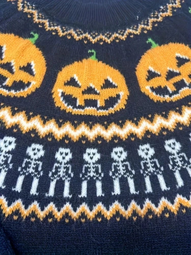 Halloween Women\'s Sweater Long Sleeve Knitted Pumpkin Skull Printed Pullover Warm Fall Winter Fashion Comfort Women Sweater