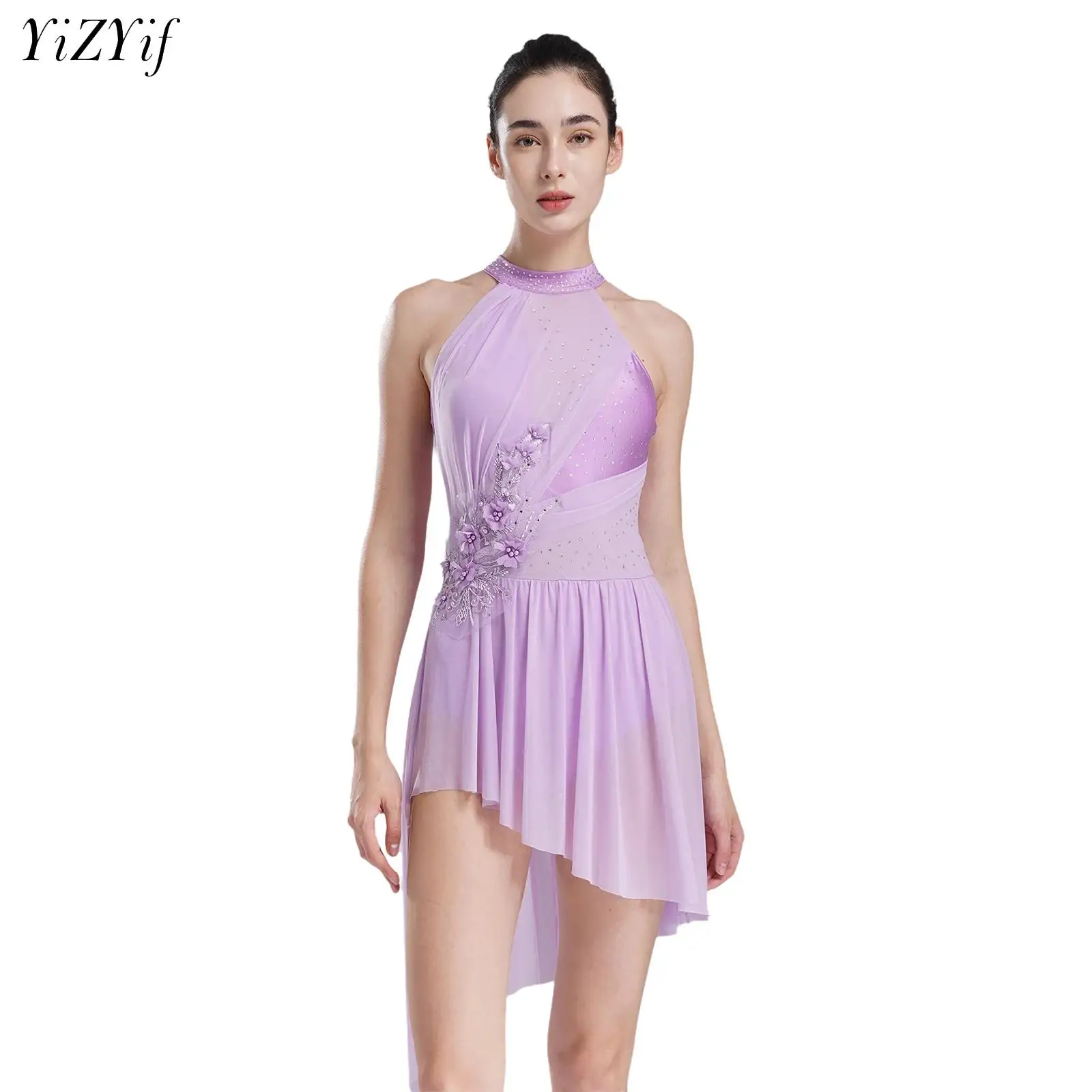 Women Lyrical Dance Dress Ballet Ballroom Performance Dancewear Applique Rhinestones Asymmetrical Leotard Dress for Competition