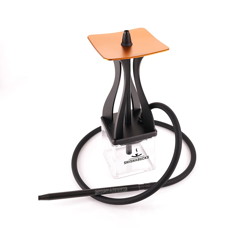 Two-hose Hookah With Square Acrylic Base Shishabucks Premium Modern Medium desk-size Anodized Aluminum Hookah