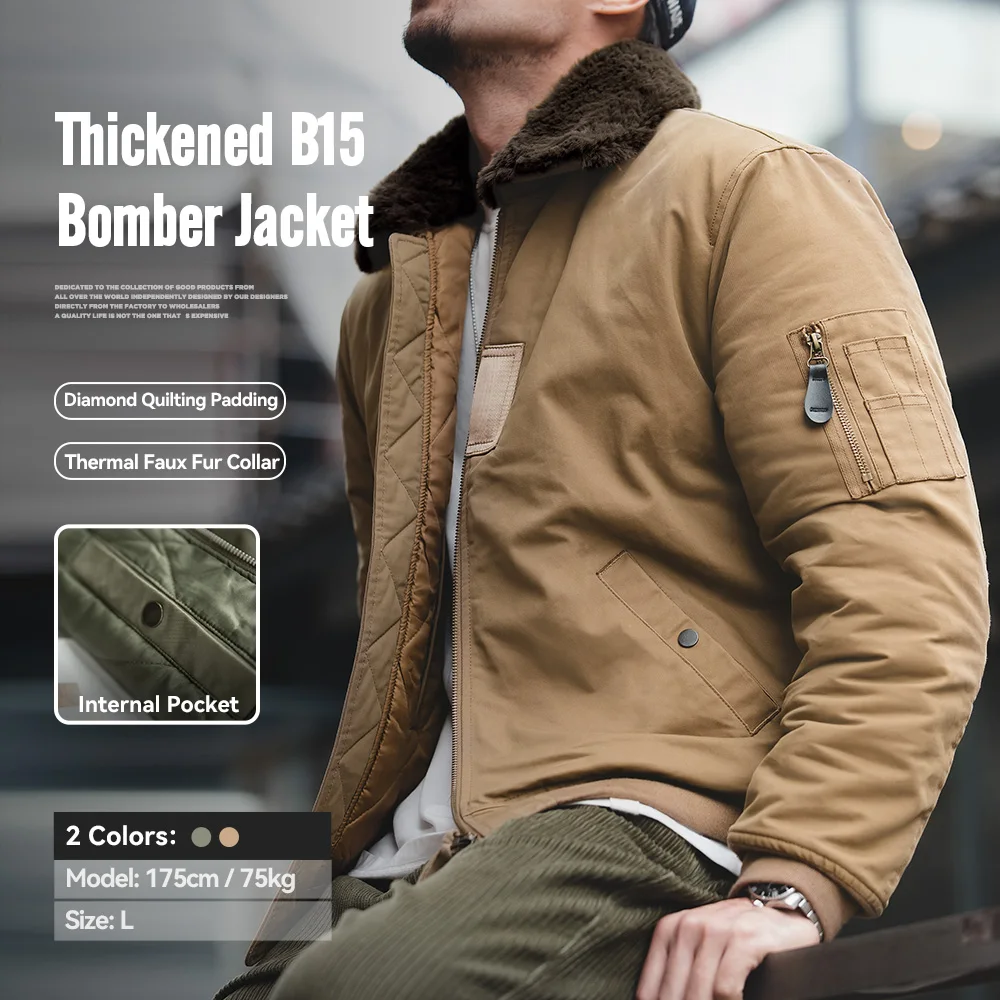 Maden Men's Vintage B-15 Bomber Jacket Green Khaki Faux Rabbit Fur Collar Thick Padded Winter Coat Warm Windproof Zipper Parka