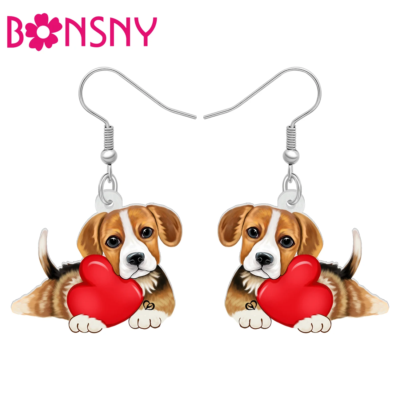 BONSNY Acrylic Cute Beagle Dog Earrings Red Love Heart Animals Valentine Jewelry Anniversary Gifts For Wife Women Pet Lovers