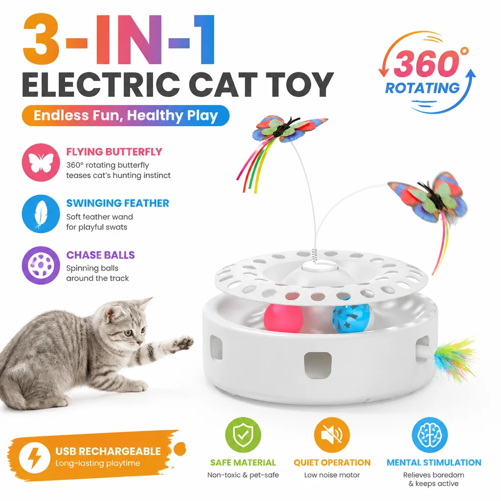 ROJECO Automatic Cat Toy 3 in 1 Electric Butterfly Teasing Toy Track Balls Ambush Feather Interactive Fun Pet Toy Set Cat Supply