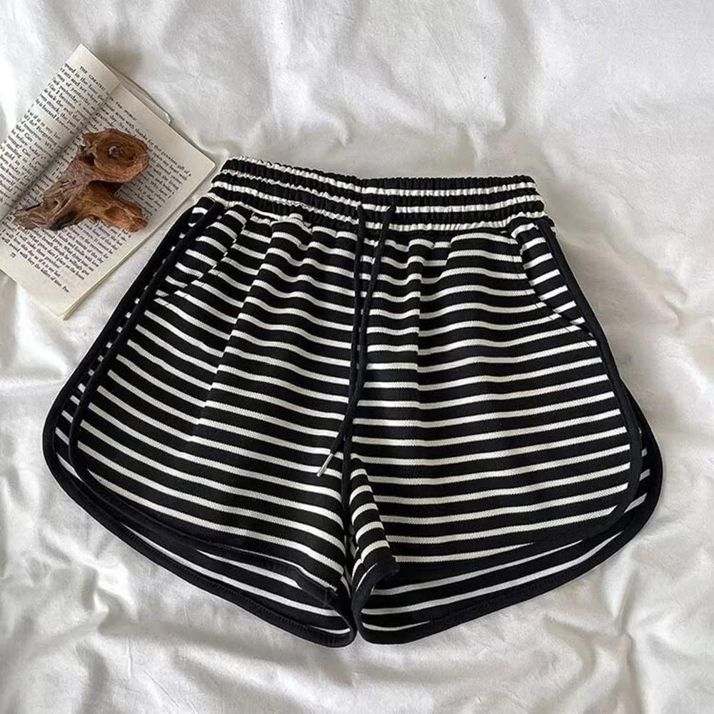 Elastic High Waist Striped Shorts for Women Polyester Breathable Sportswear One Size Fits 35 60kg Suitable for Gym and Home