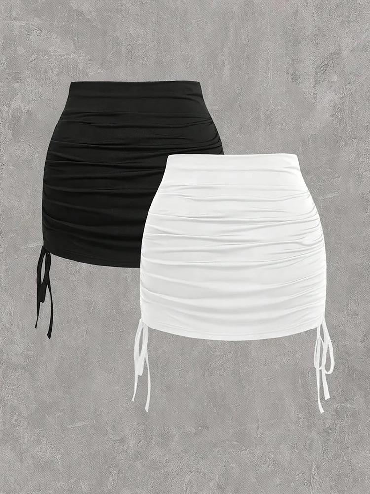 

Комплект из двух предметов: черно-белая плиссированная мини-юбка на шнурке - эластичная повседневная мода в корейском стиле с высокой талией