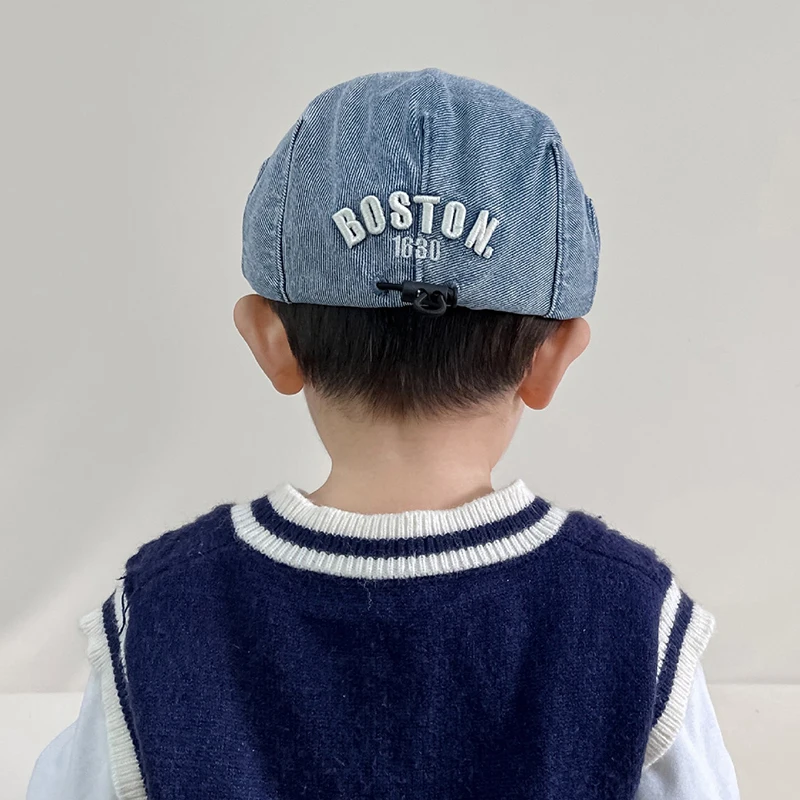 BOSTON Embroidery Kids Denim Beret Fashion Solid Color Spring Autumn Boy Girl Sun Hats For Kids Outdoor Adjustable Forward Hats image 5