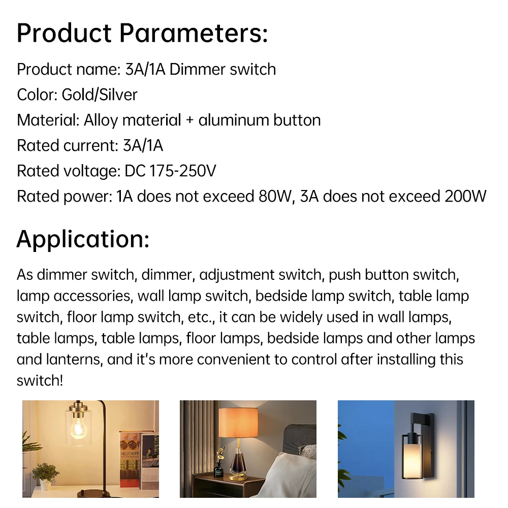 2 Way DC 175-250V 220V 1A/3A Gold/Silver Tone Table Lamp Full Range Dimmer Rotary Switch