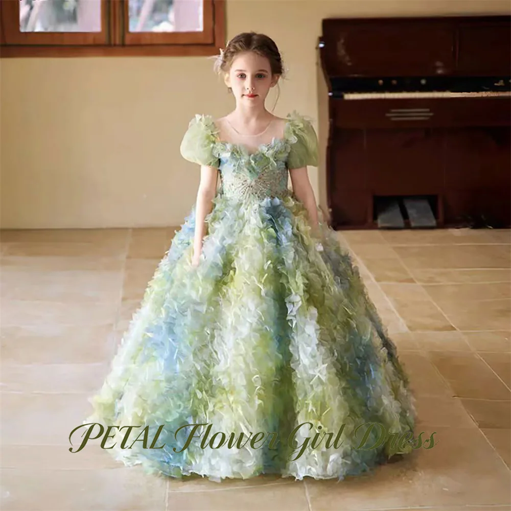 Meadow Green and Blue Gradient Flower Girl Dress V Neck Kids Birthday Party Dress 3D Gradient Petal Tutu Fluffy Prom Gown