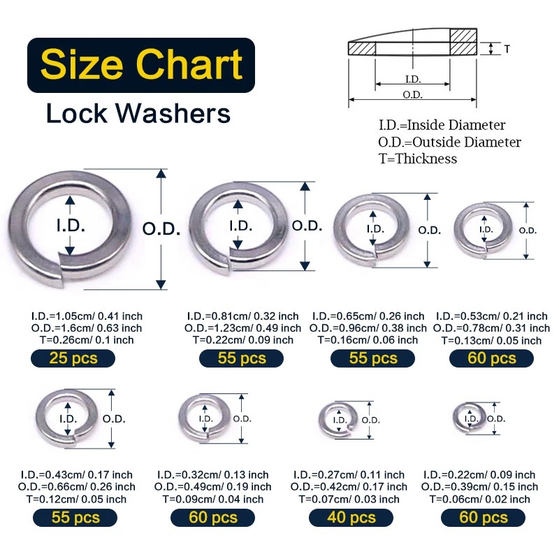 410 pcs Spring Lock Washers Assortment Kit, M2-M10 Metric Split Lock Washer Set,304 Stainless Steel Lock Washers for Screws Bolt