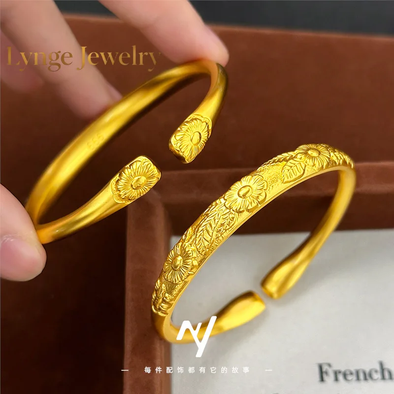 Lynge Jewelry New Chinese design ethnic style 24K real gold open-ended blooming pinellia pinellia 9999 bracelet open-ended femal