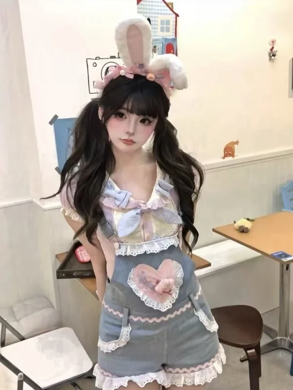 

Cute Summer Lace Doll Collar Top And Slimming Overalls Set Women's Faion Two-Piece Suit ort Sve Zipper Closure Slim Fit