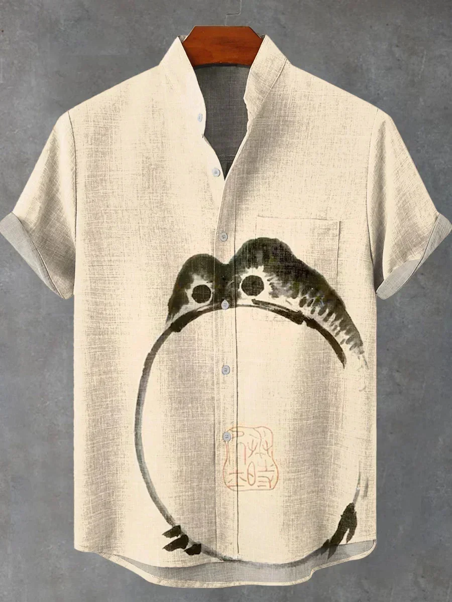 2025 Summer Japanese Frog Retro Art 3D Printing Casual Fashion Linen Men's Stand Collar Short Sleeve T-Shirt Trendy Men's Shirt