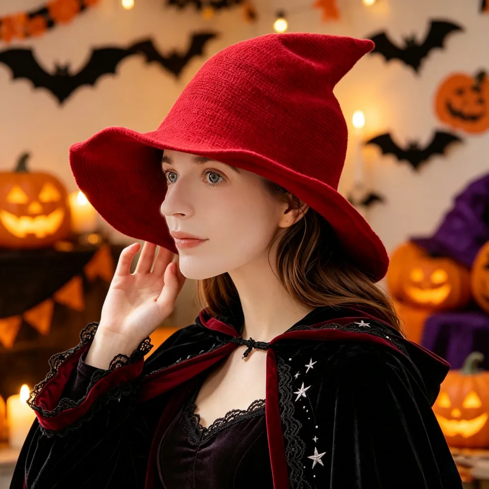 Vintage Halloween Knitted Elastic Witch Pointed Wizard Hat for Women, Fall Winter Daily & Halloween Cosplay Accessory