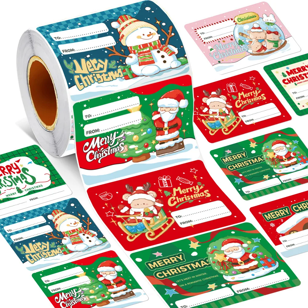 200Pcs Cartoon Christmas Gift Labels Self-Adhesive Xmas Name Stickers Santa Elk Holiday Wrapping Decor Seals Roll