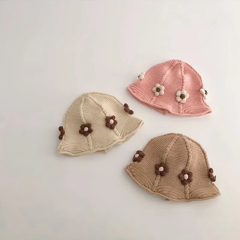 

Solid Color Flower Baby Knitted Hat Autumn Winter Warm Toddler Girls Fisherman Cap Outdoor Windproof Kids Crochet Caps