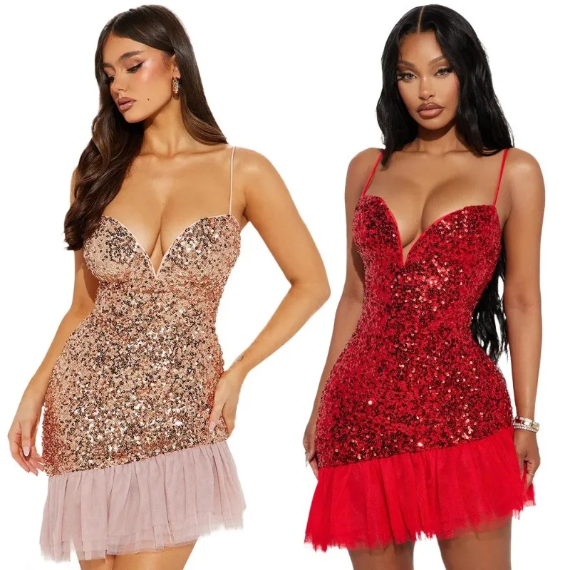 

Women Sequined Mesh Patchwork Strap INS Bodycon Mini Dress 2024 Fall Sexy Evening Night Party Club Prom Vestidos Dresses