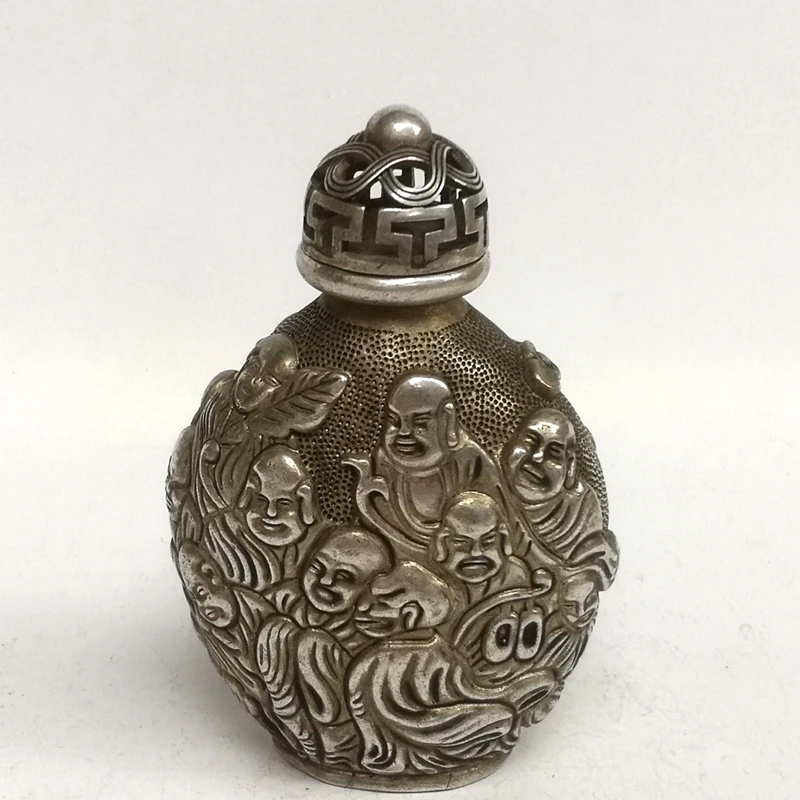 

CULTUER ART Collection China Ancient Tibet Silver Carving Eight Immortals Snuff Bottle Gift