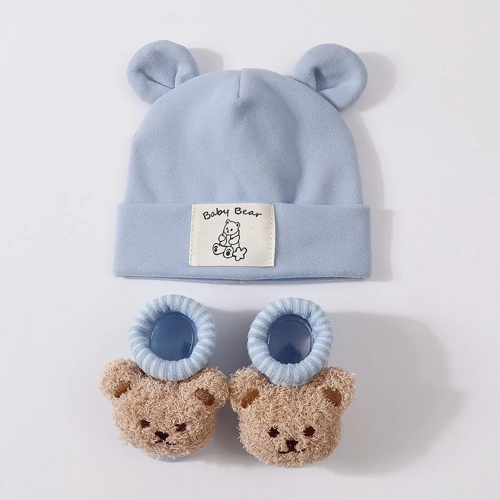 2Pcs/Set Cute Cotton Baby Hat Socks Set Warm Soft Bear Ear Beanie Pullover Cap Cartoon Infant Cap Socks for Newborn
