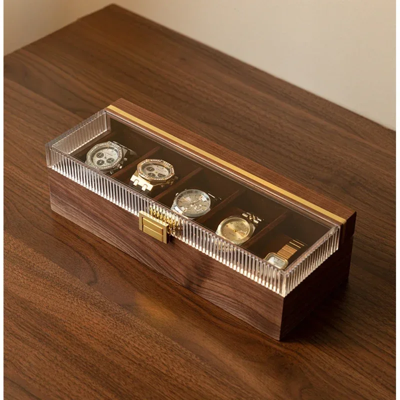 Exquisite Watch Box Black Walnut Wood Display Holder Transparent Acrylic Storage Case Multi-grid Partitioning Jewelry Organizer