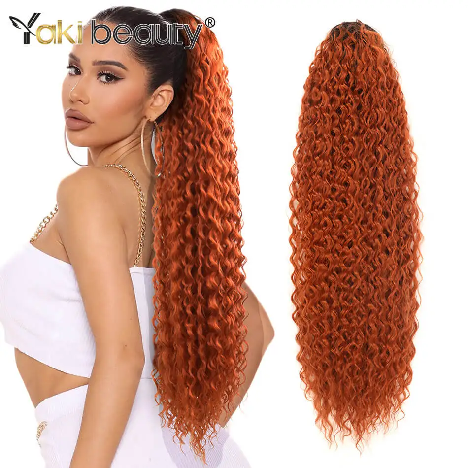 

32 Inch Super Soft Synthetic Curly Drawstring Ponytail Kinky Long Hair Organic Water Wave Hair Extension Chip-In