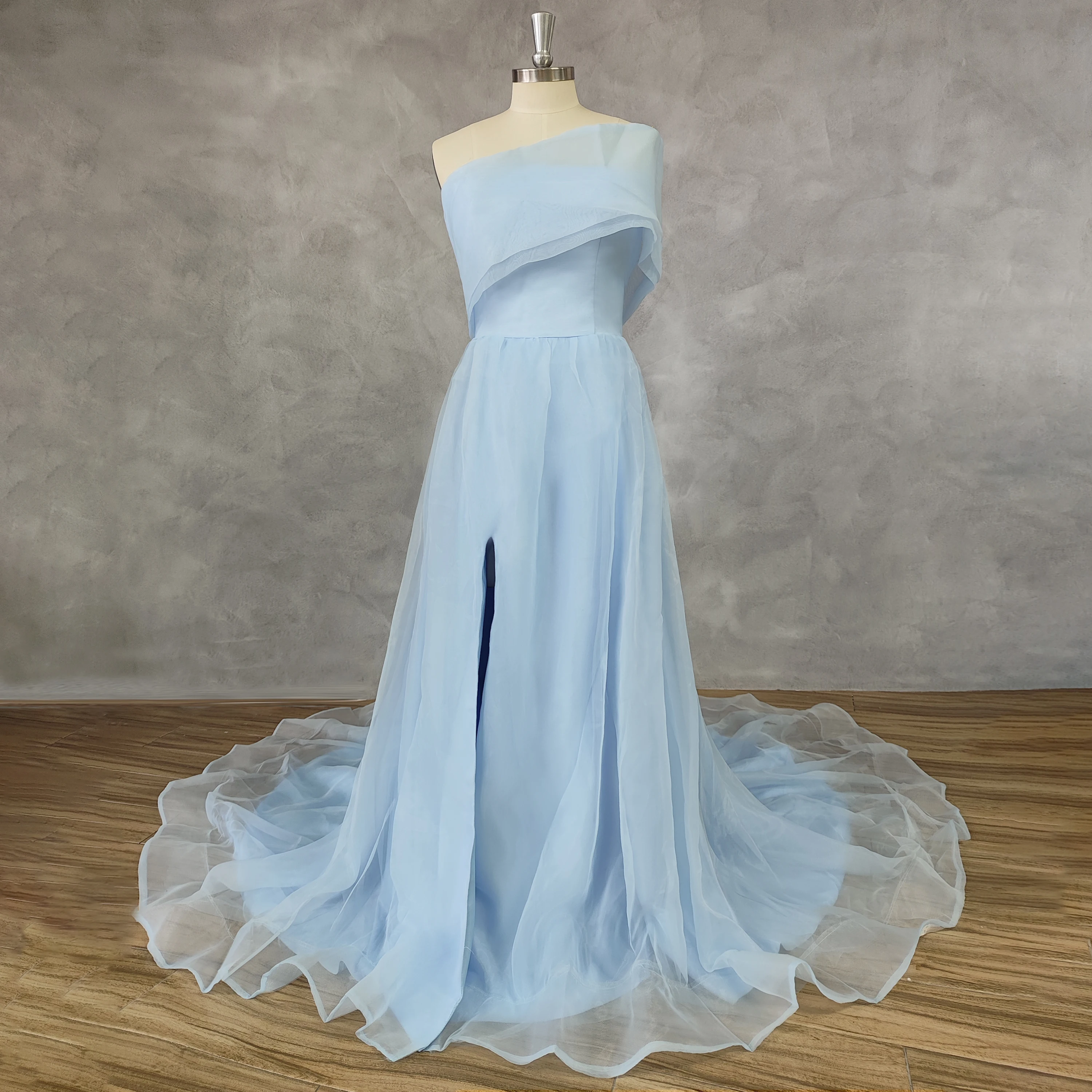 DIDEYTTAWL Real Photos Blue One-Shoulder Tulle Prom Dress High Side Slit A Line Zipper Back Court Floor Evening Gown