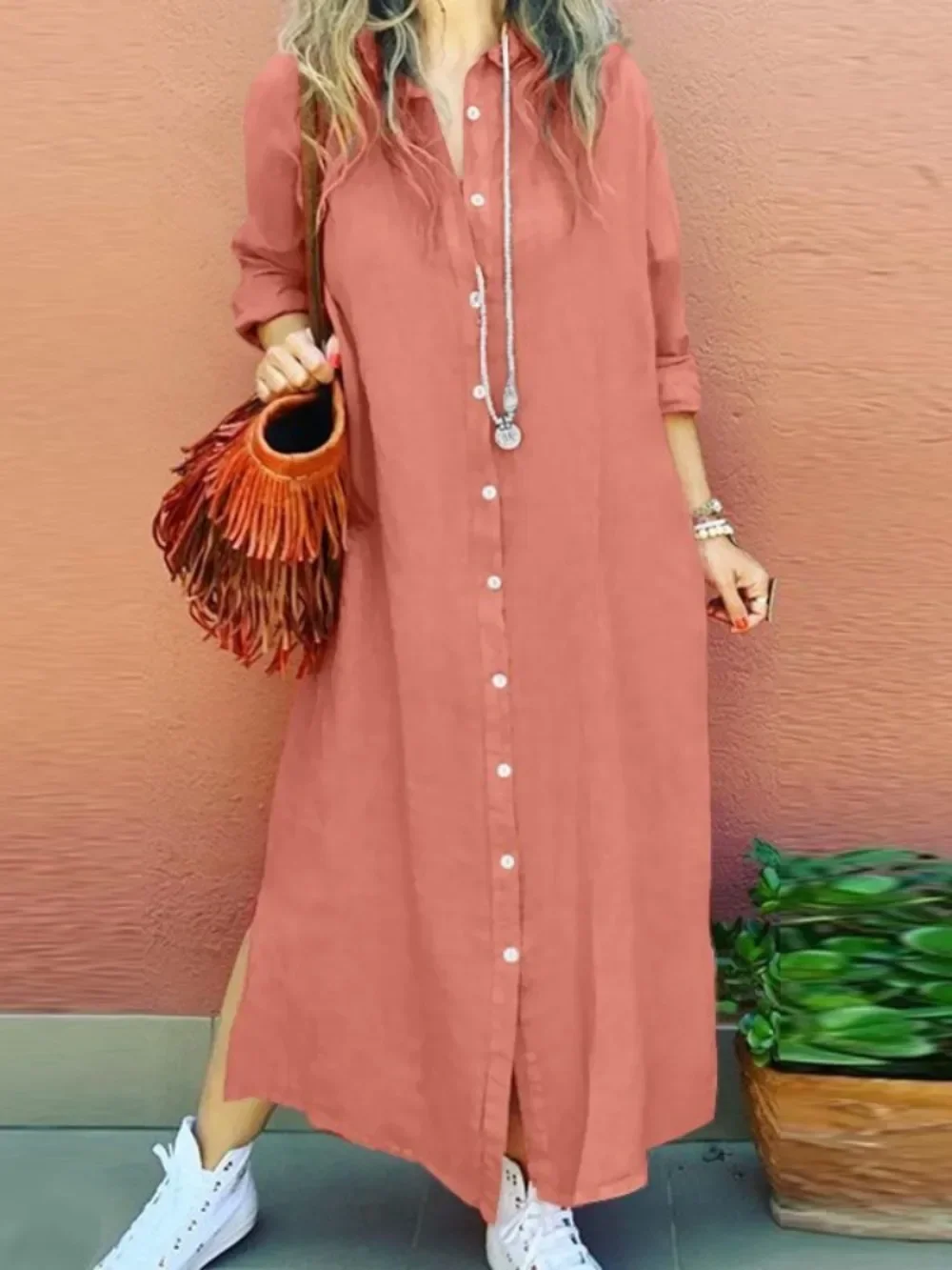 Le donne musulmane vestono la camicia con orlo diviso abiti lunghi risvolti maniche lunghe Cardigan allentato camicia Robe Ramadan Vestidos Largos autunno