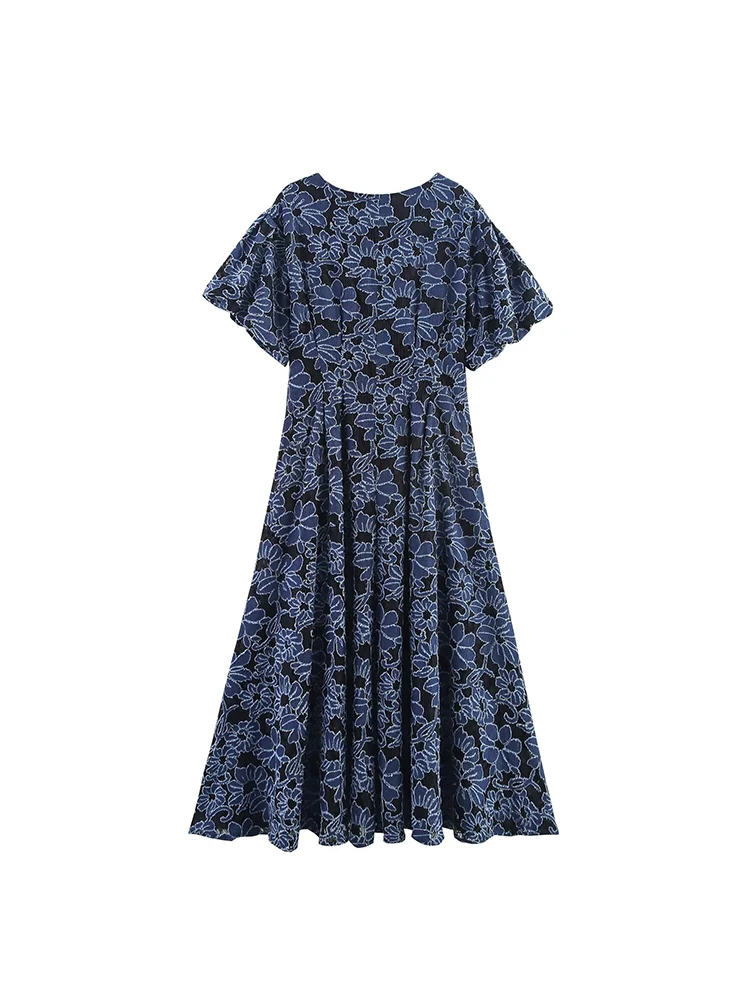 Europejska i amerykańska odzież damska nowa moda 2025 temperament dekolt w serek haftowane bufiaste rękawy dopasowana sukienka