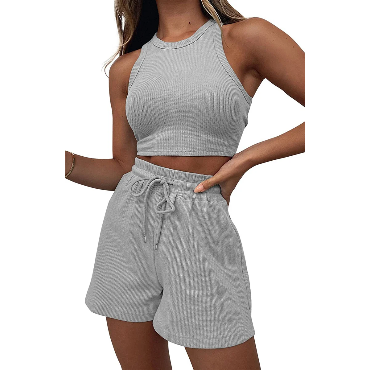 

Women Summer Lounge Sets Casual Waffle Knit Crop Top Shorts Outfits 2 Piece Sets Sleepwear Grey XL