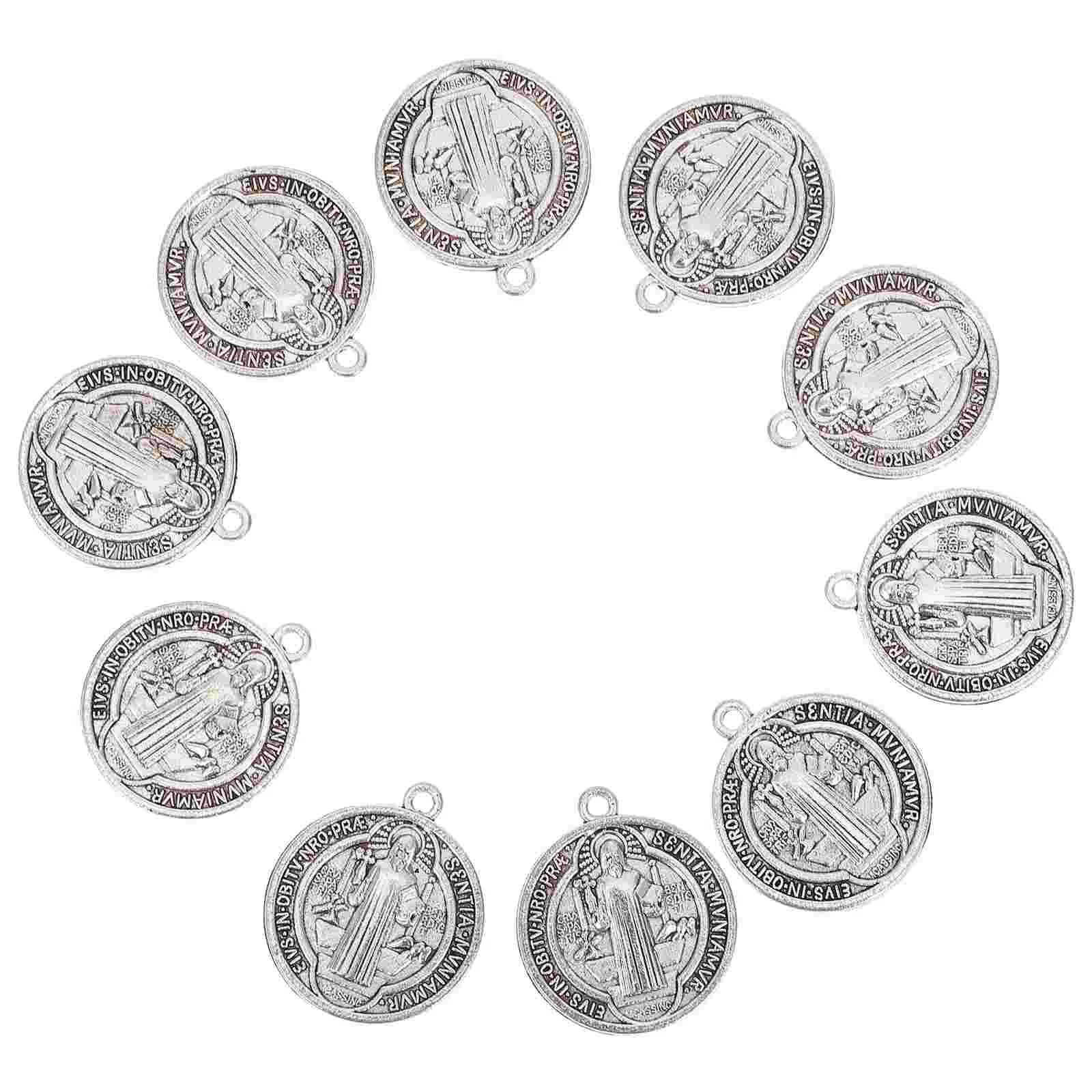 10 Pcs Italian Pendant St Benedict Medals Bulk Protection Necklace Coin Bracelet Charm Silver Medallion for Women Crosses