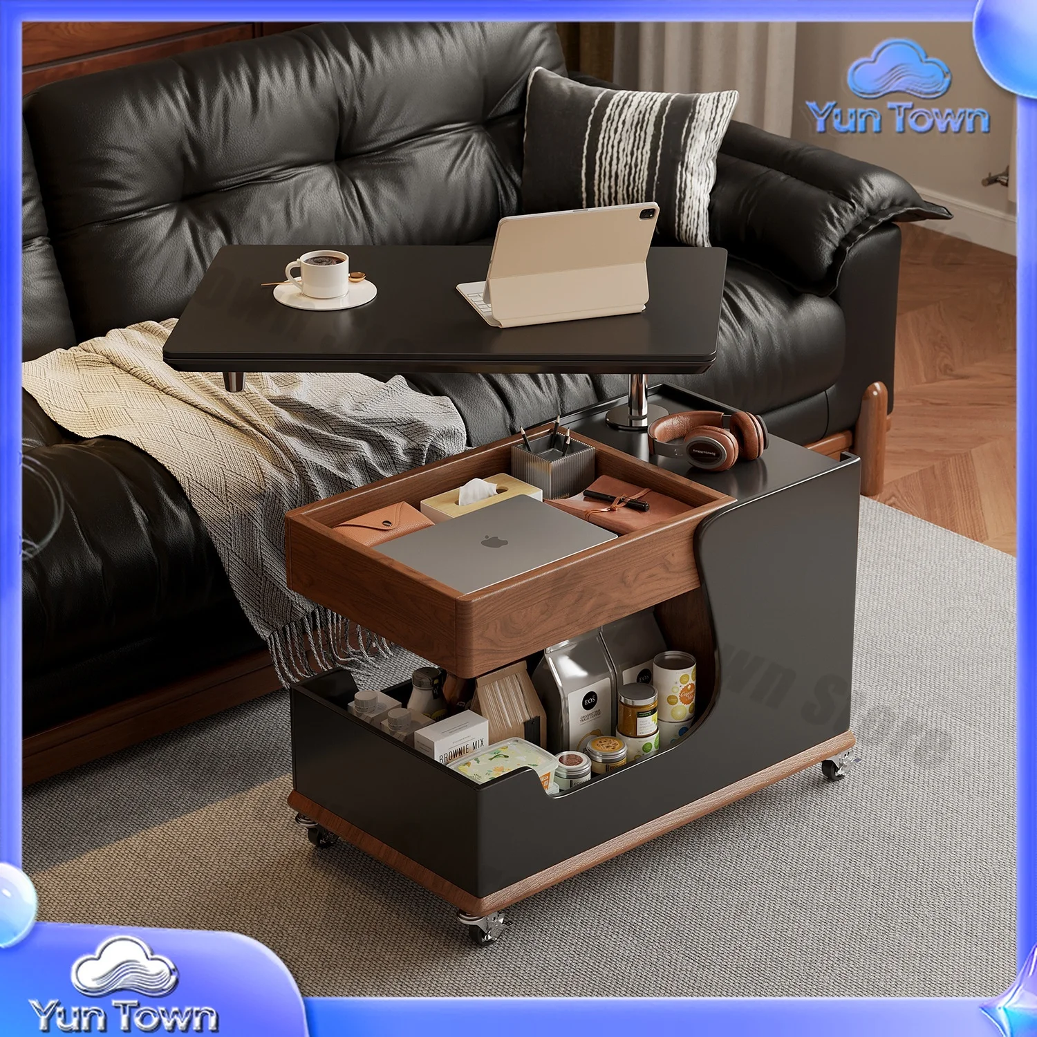 Multi-Functional Sofa Side Table for Living Room Light Luxury High-End Design with Solid Wood and Iron Frame Rubber Wood