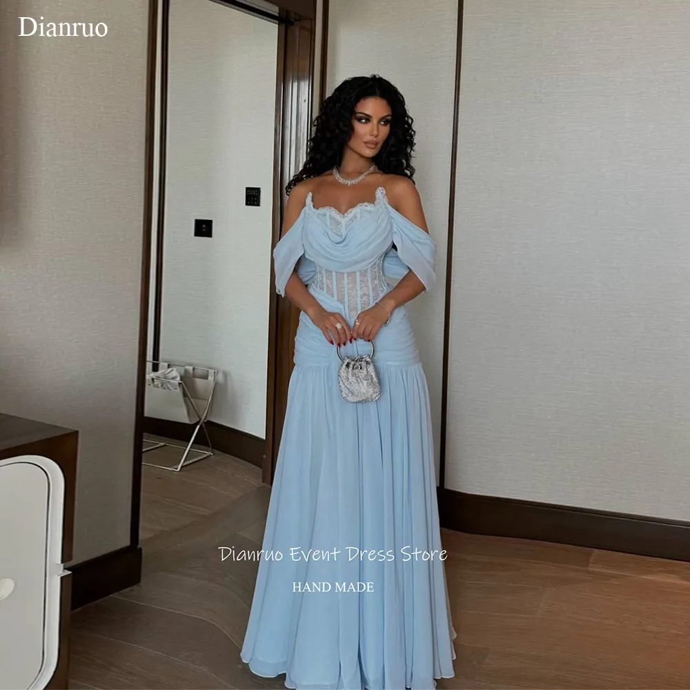 

Dianruo Light Blue Off Shoulder Evening Dresses Ruched Lace Vestidos De Festa A Line Appliques Pleated Prom Gown 2025 Customized