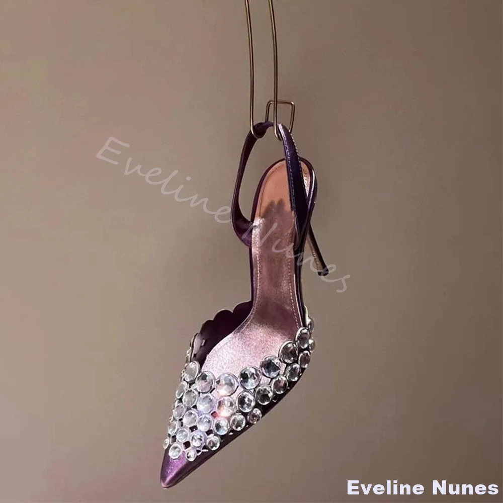 

Purple Sparkling Crystal Sandals Women Shallow Stiletto Heel Pointed Toe Roman Hollow High Heels 2026 Luxury Back Strap Pumps