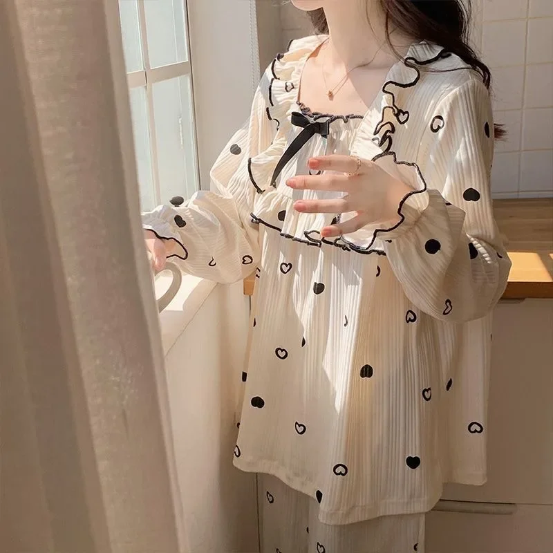 2024 neue Pyjama Frauen Herbst lang ärmel ige Baumwolle Lounge wear quadratischen Kragen niedlichen Homewear zweiteiligen Anzug lose Falbala Nachtwäsche