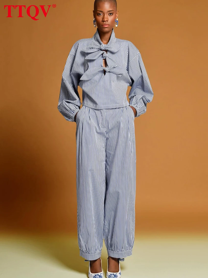 

TTQV Fashion Loose Blue Stripe 2 Piece Set Women 2026 Elegant Long Sleeve Shirt With High Waist Pants Set Female Streetwear