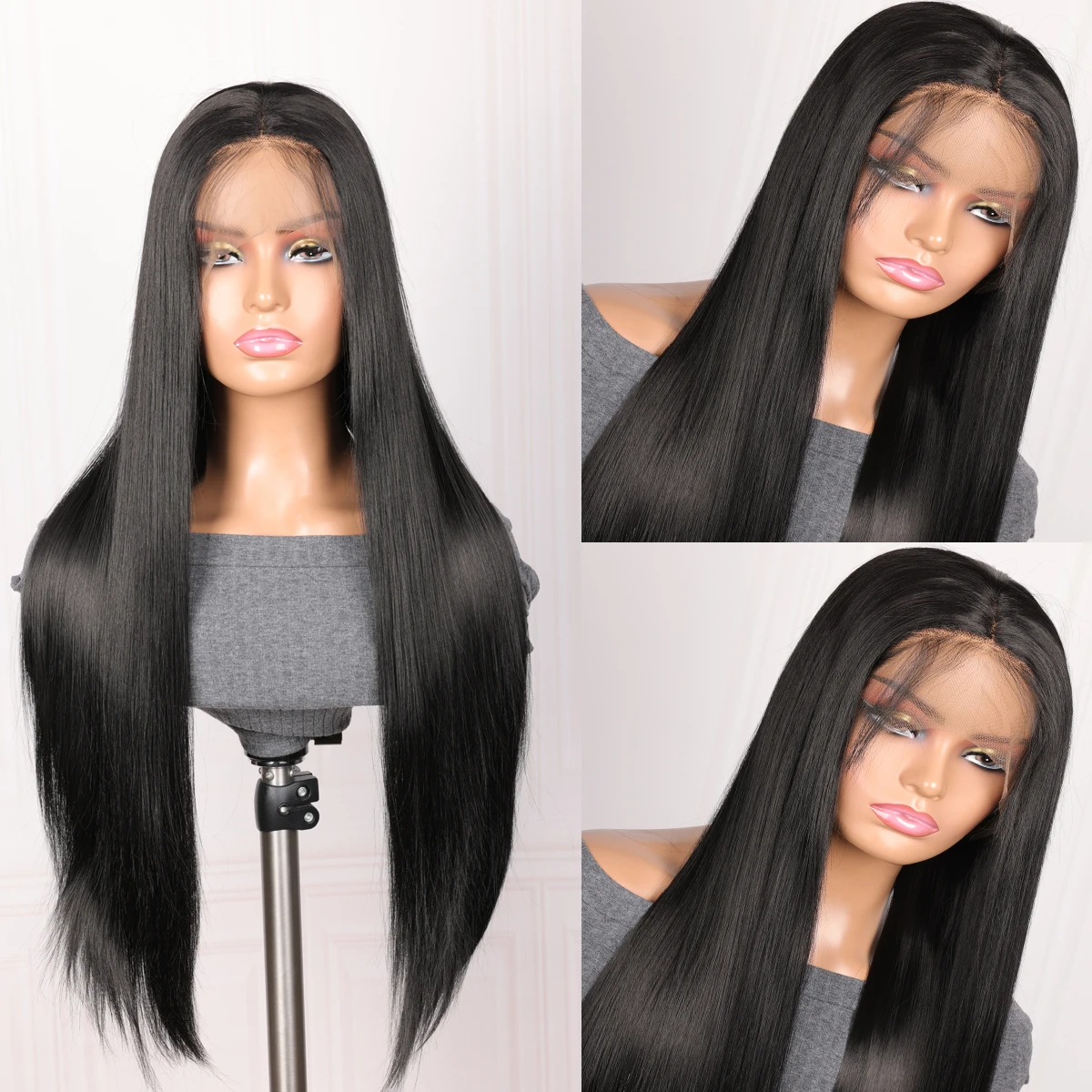 

Long Black Silky Straight Lace Front Wig 26Inch 180%Density For Women With Baby Hair Glueless Synthetic Preplucked Daily