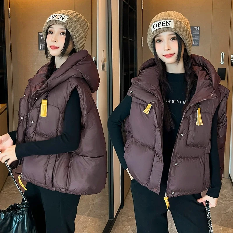 

Autumn Winter Jacket 2025 Fashion Sleeveless Leisure Women's Vest Coat Korean Elegant Lady Hooded Cotton Waistcoat Outerwear