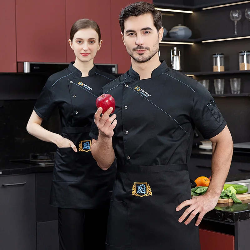 Veste de cuisine pour hommes et femmes, uniforme de Chef de traiteur d'hôtel, robe de cuisine de cantine à manches courtes, vêtements de travail de serveur de Restaurant d'été