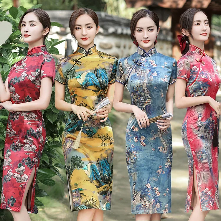 

Элегантное новое парчовое атласное платье Cheongsam с длинной вилкой, китайское классическое женское Ципао с коротким рукавом, Cheongsam, сексуальное свадебное вечернее платье