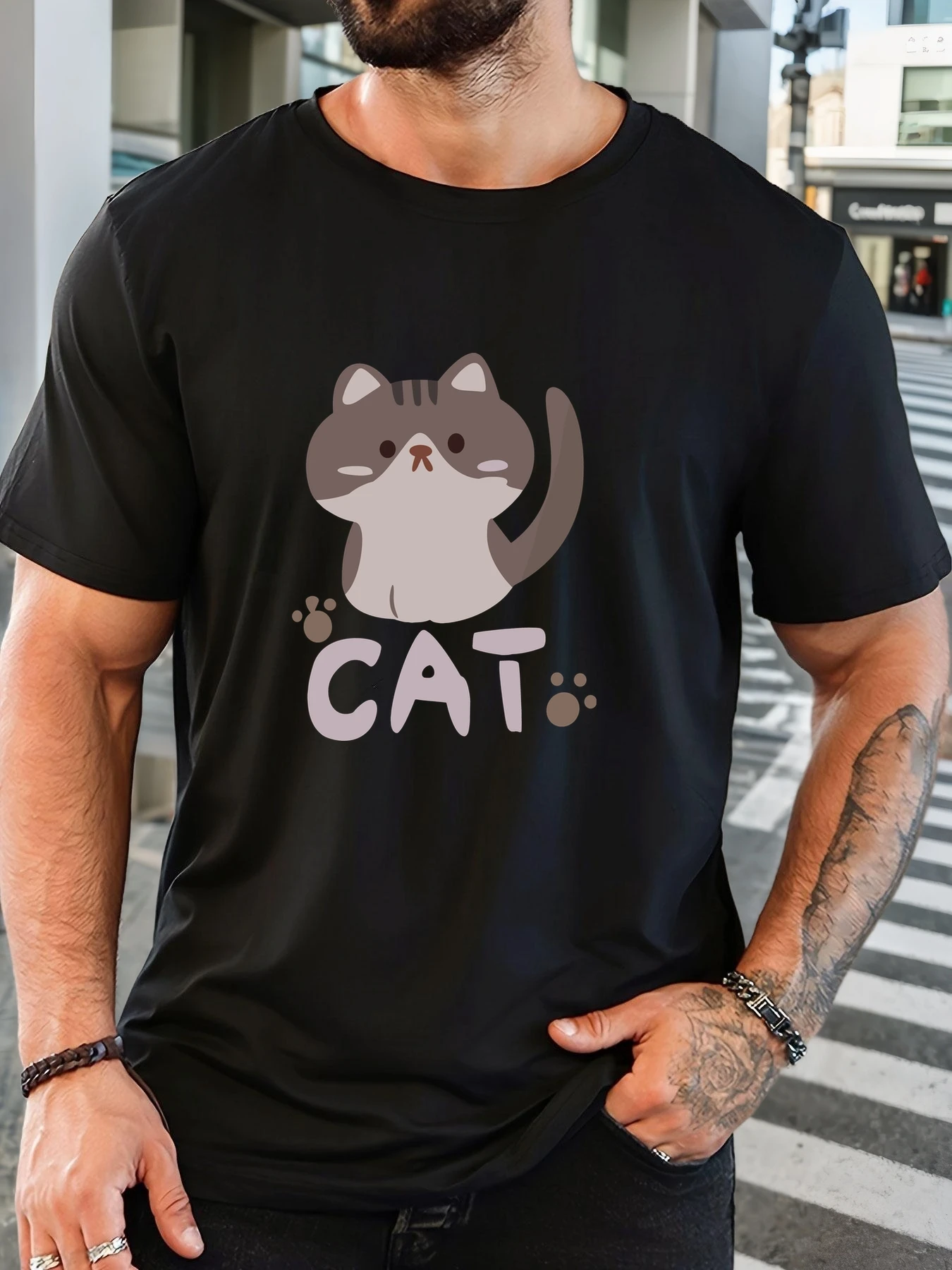

Pop Men's 100% Cotton Printed T-Shirt Cat Pattern Summer Casual Oversized Round Neck Short Sleeve Comfortable Daily Wear Tee