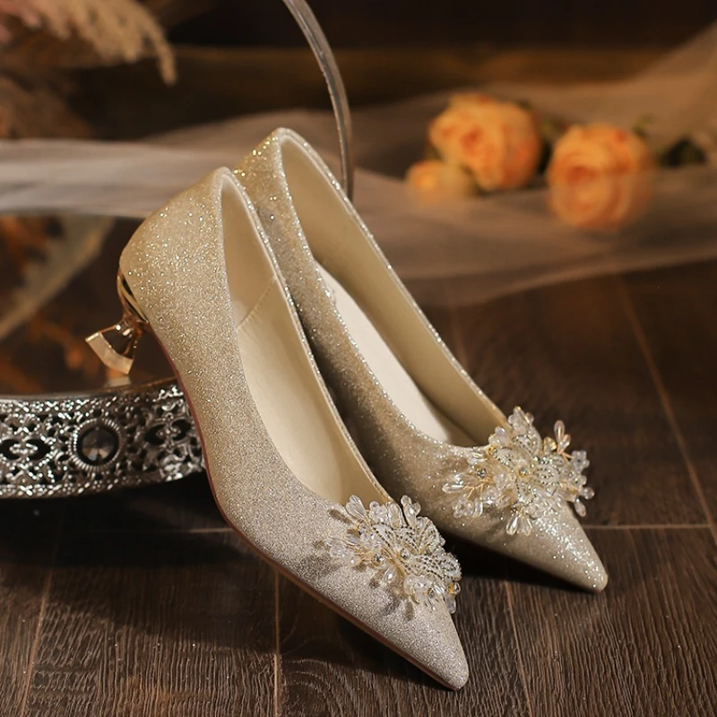 2025  Leisure Classic Pumps Female Slip on Thin High Heels Pointed Toe Wedding Shoes for Women Flower Crystal Bling Summer Shoes