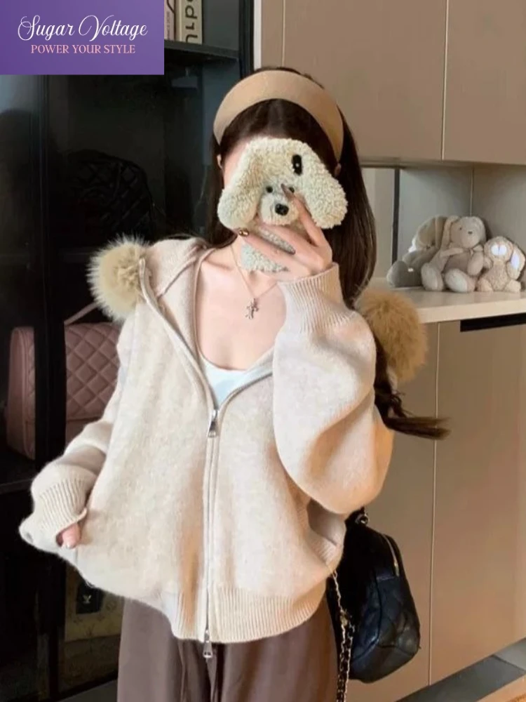 

Осенний винтажный модный вязаный мягкий свитер, женский свободный крой, топы на молнии с длинными рукавами, повседневный элегантный кардиган с меховым воротником и капюшоном в стиле ретро