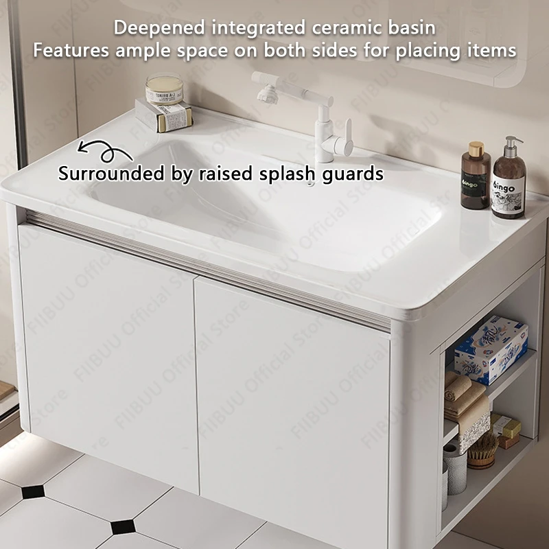 Combinação de vaidade flutuante moderna do banheiro com uma peça cerâmica pia bacia espelho armário torneira design para grande armazenamento