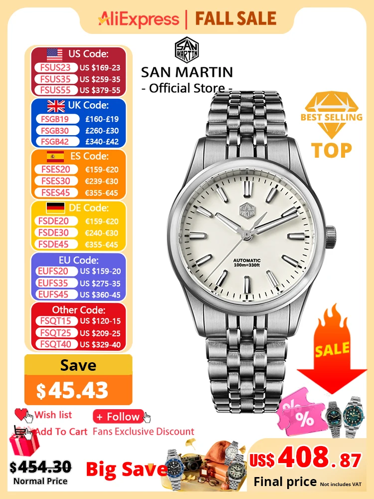 San Martin 36mm Gada Watch Classic Simple Enamel Dial Miyota 90S5 Original Design Dress Men Automatic Mechanical Watches SN0144
