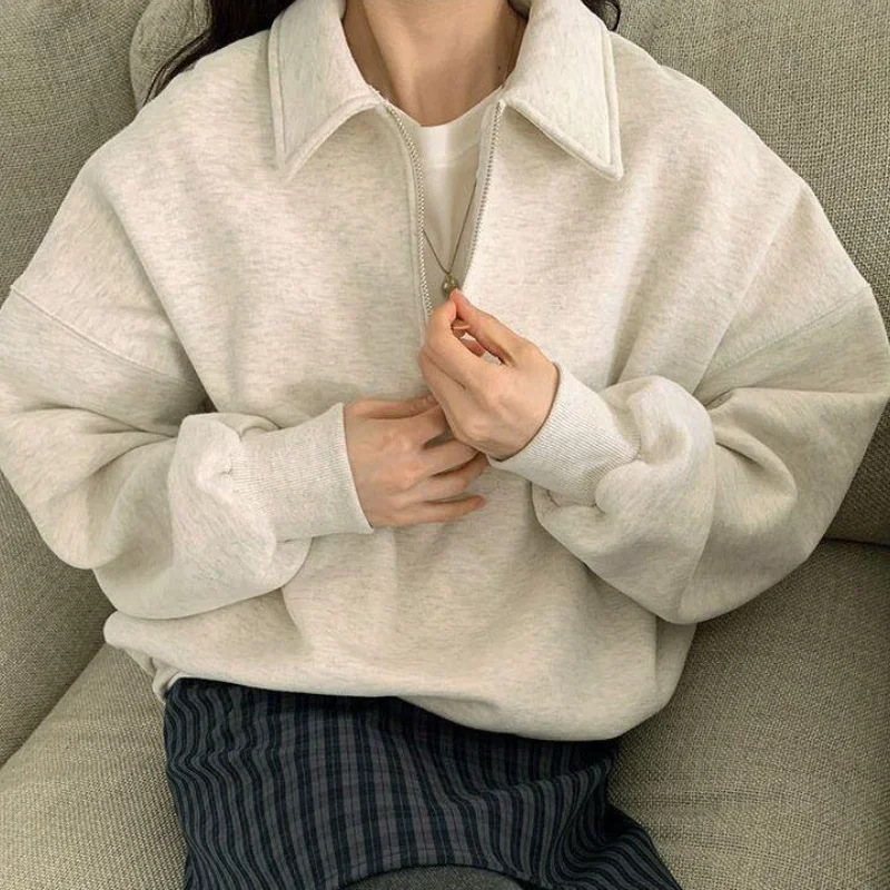 

Oatmeal Color Korean Style Half Zip Collar Fleece Lined Women Sweatshirt Casual Early Spring Long Sleeve Thick Cozy Hoodie