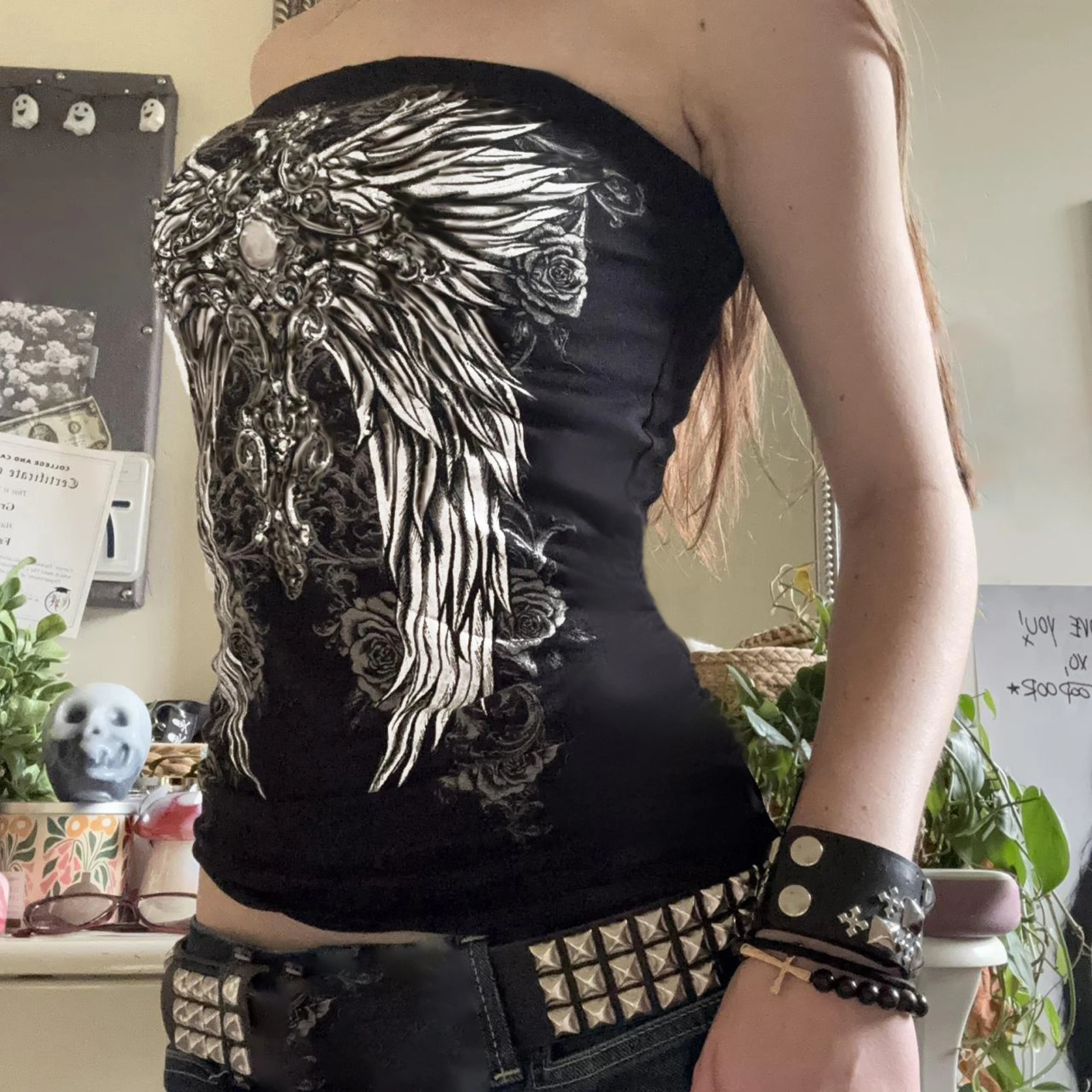 فاسق القوطية Y2K حمالة أنبوب القمم للنساء خمر الجناح طباعة سليم صالح المحاصيل القمم العصابة تي شيرت الصيف E الفتيات سترة #2