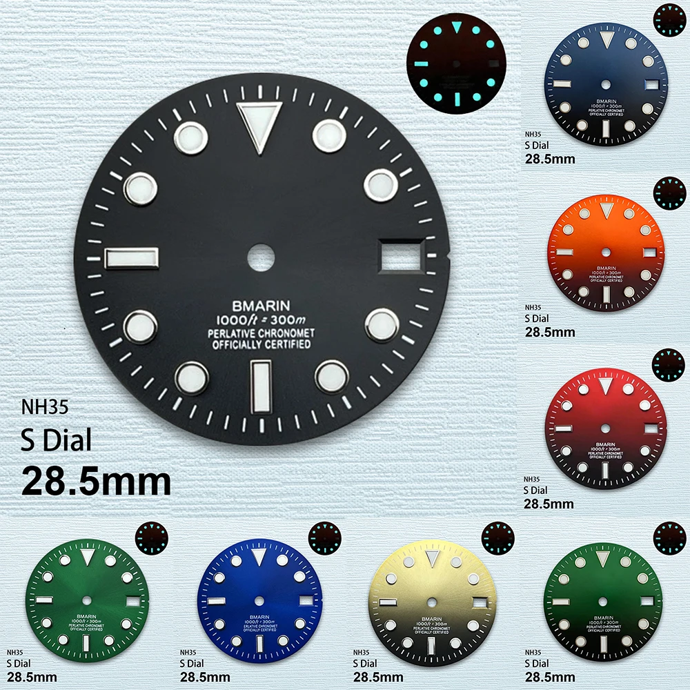 

28.5mm S Logo SUB Dial Fit NH35/NH36 Japanese Movement Ice Blue Luminous Sunburst High-Quality Watch Modified Accessories